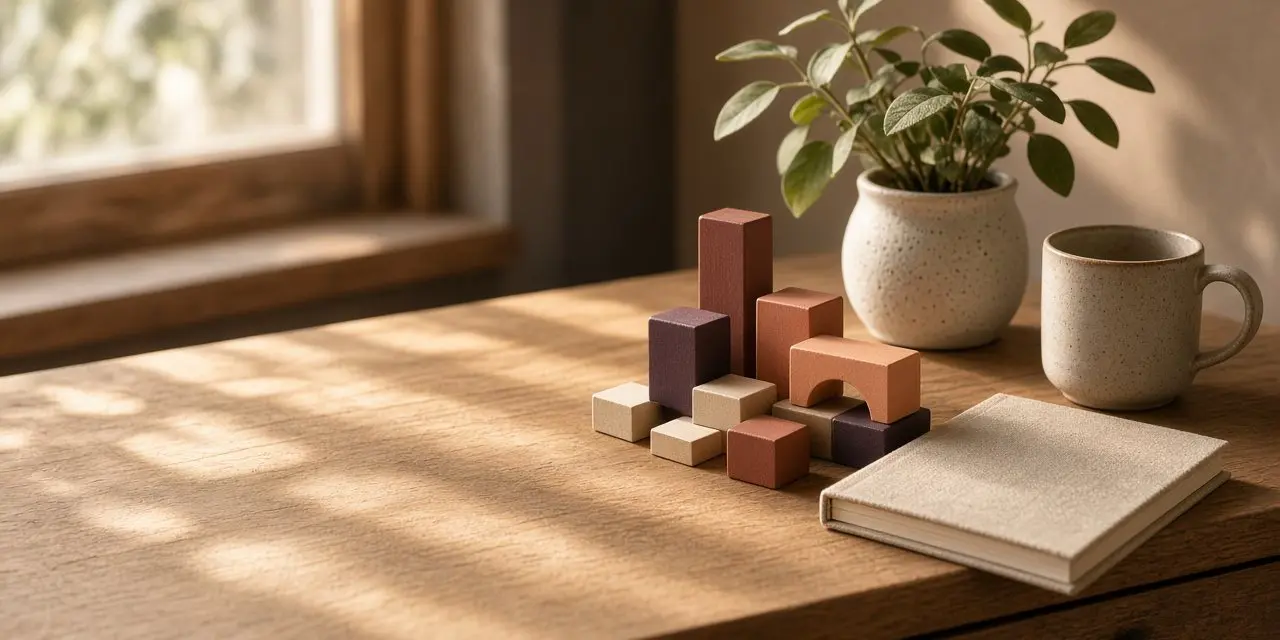 Wooden building blocks, a potted plant, a ceramic mug and a linen notebook on a sunlit wooden desk