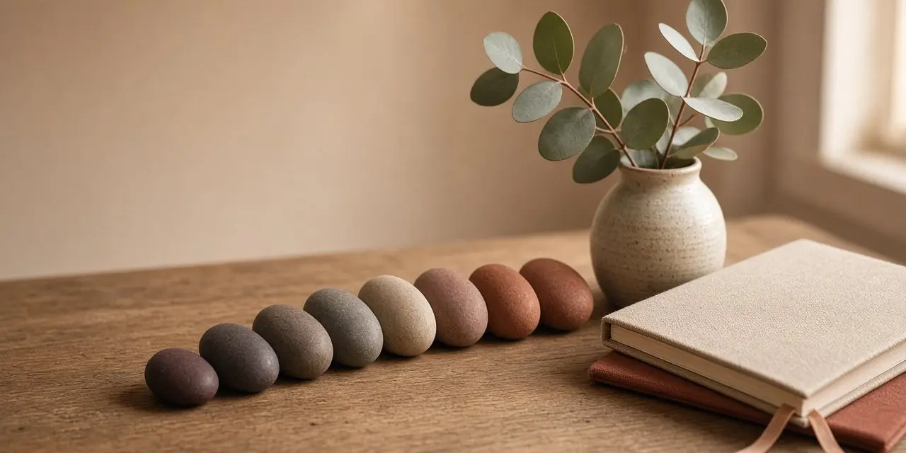 A neat curved row of smooth stones beside a eucalyptus sprig in a vase and a linen notebook on a wooden desk