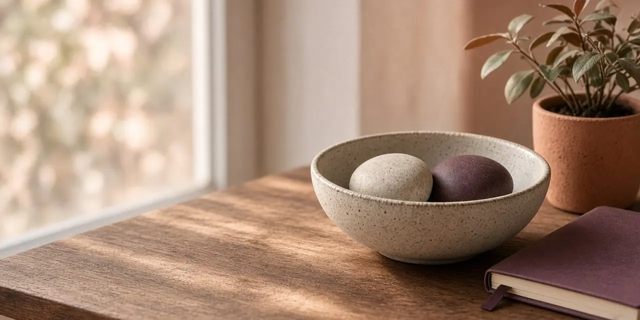 A ceramic bowl holding one pale and one plum stone on a sunlit wooden table beside a plant and a notebook