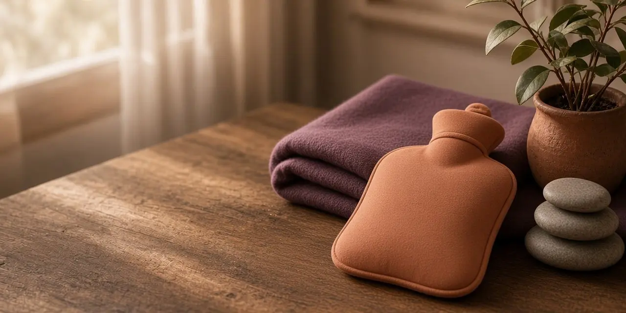 A folded plum blanket, a terracotta hot water bottle, stacked smooth stones and a potted plant on a wooden table in soft window light