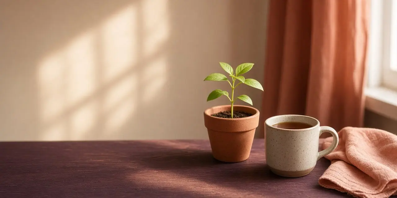A green seedling in a terracotta pot and a mug of tea in soft morning sunlight
