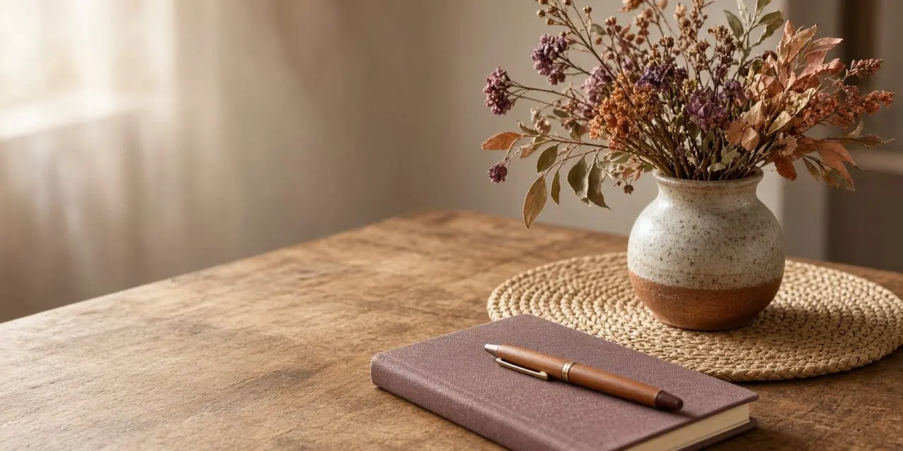 Dried native flowers in a ceramic vase on a woven mat beside a notebook and pen on a wooden table