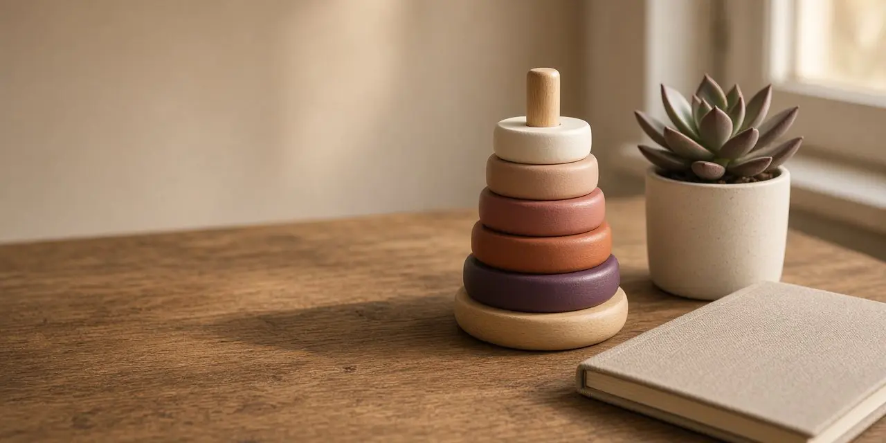 A wooden stacking ring toy in soft warm tones beside a succulent and a linen notebook