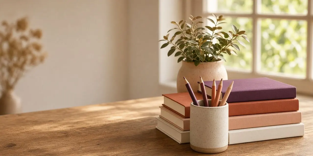 A stack of books and a cup of coloured pencils beside a potted plant near a sunny window