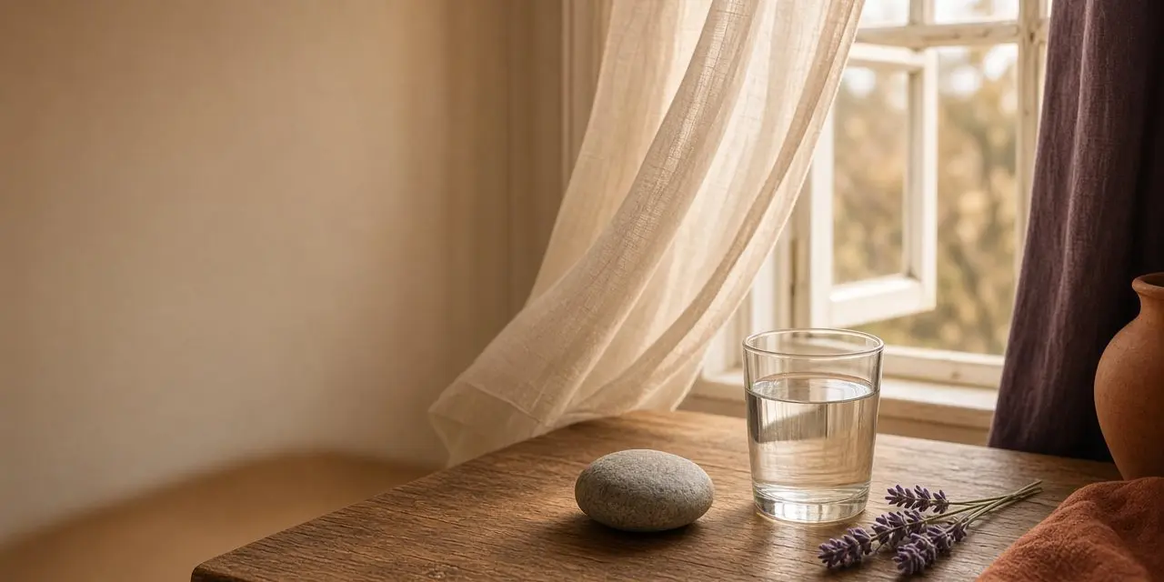 A glass of water, a smooth stone and a sprig of lavender by an open window with a sheer curtain