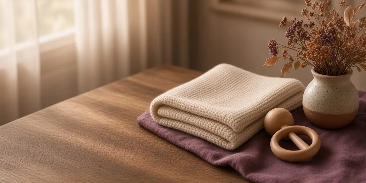 A folded cream knitted blanket on a plum cloth, a wooden rattle and dried flowers in a speckled vase on a wooden table in soft morning light