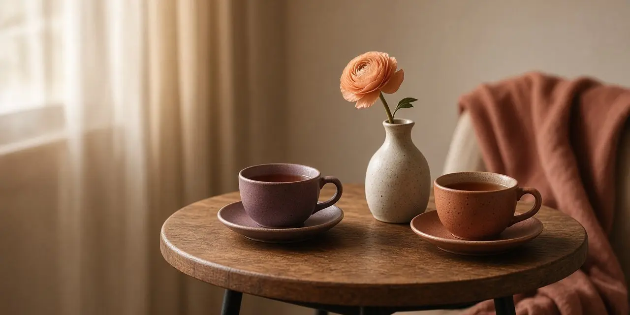 Two cups of tea on a small round table with a single peach flower in a vase
