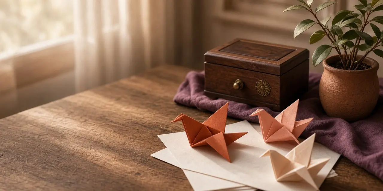 Paper origami birds on folded paper beside a small wooden box and a potted plant